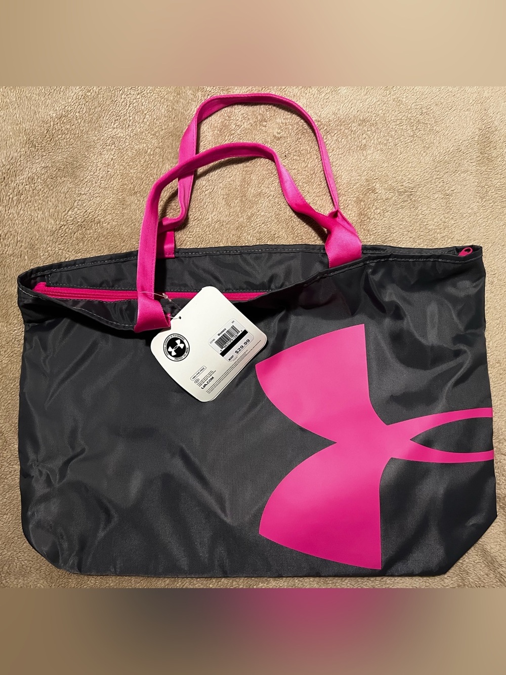 Large Under Armour Dk Gray Tote with Bright Pink Logo and Handles - Brand NWT